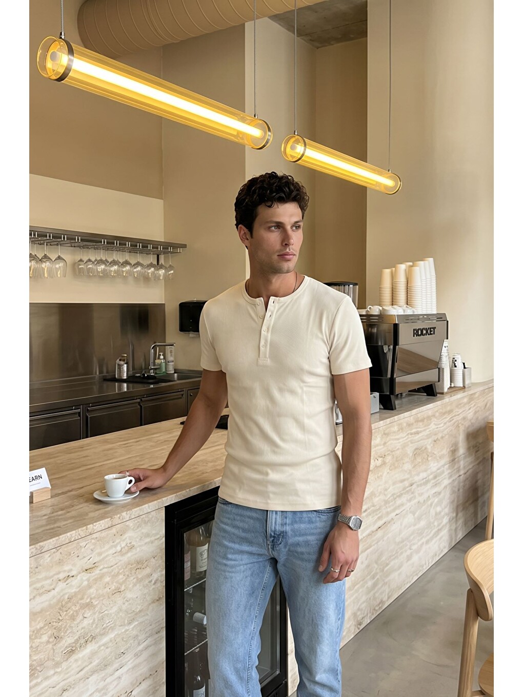 Ekru Liiri %100 Pamuk Premium Fitilli Henley Yaka Yarım Düğmeli Erkek Tişört Regular Fit Basic Yazlık Tiş-5
