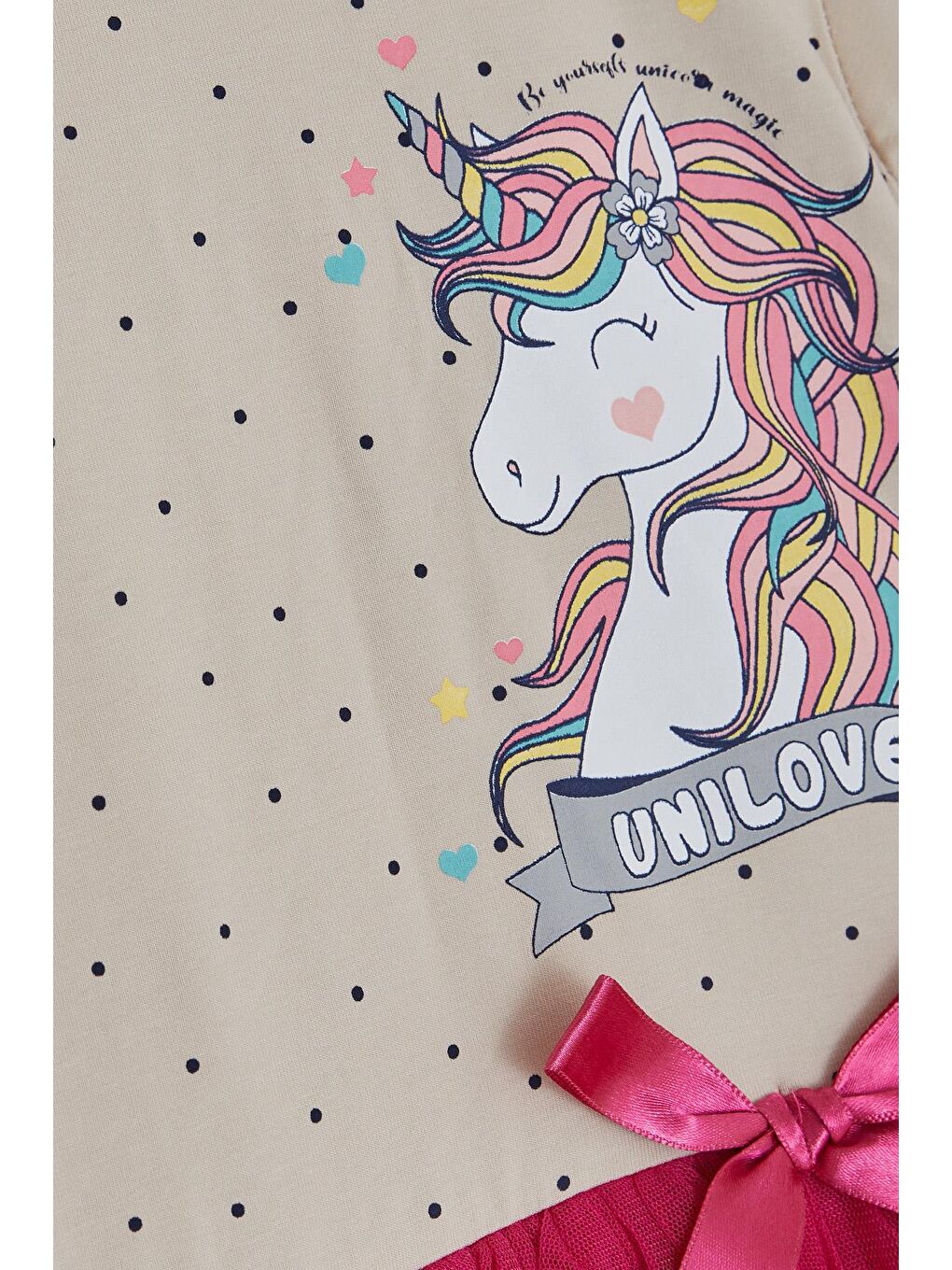 Breeze Bej Kız Çocuk Elbise Unicorn Baskılı Tüllü Fiyonklu Bej (3 Yaş) - 3