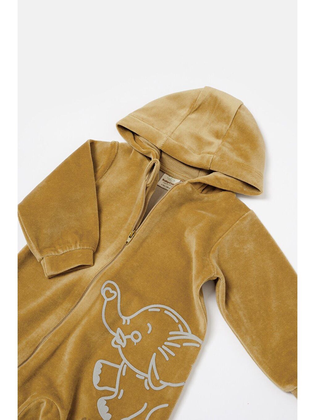 Sarı Kadife Kapüşonlu Fermuarlı Tulum-4