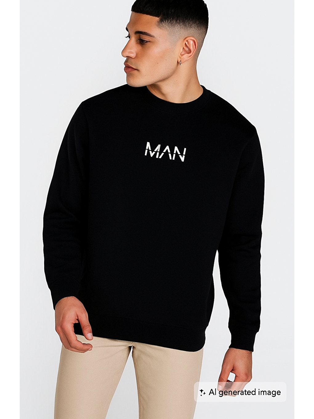 Erkek Siyah Man Baskılı Oversize Uzun Kollu Sweatshirt