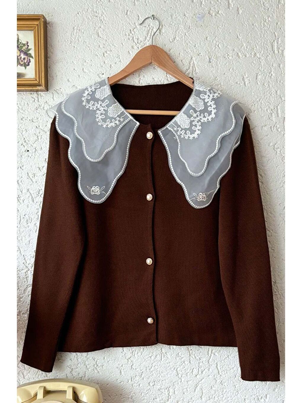 Kahverengi Dantel Yaka Acı Kahve Triko Hırka-7