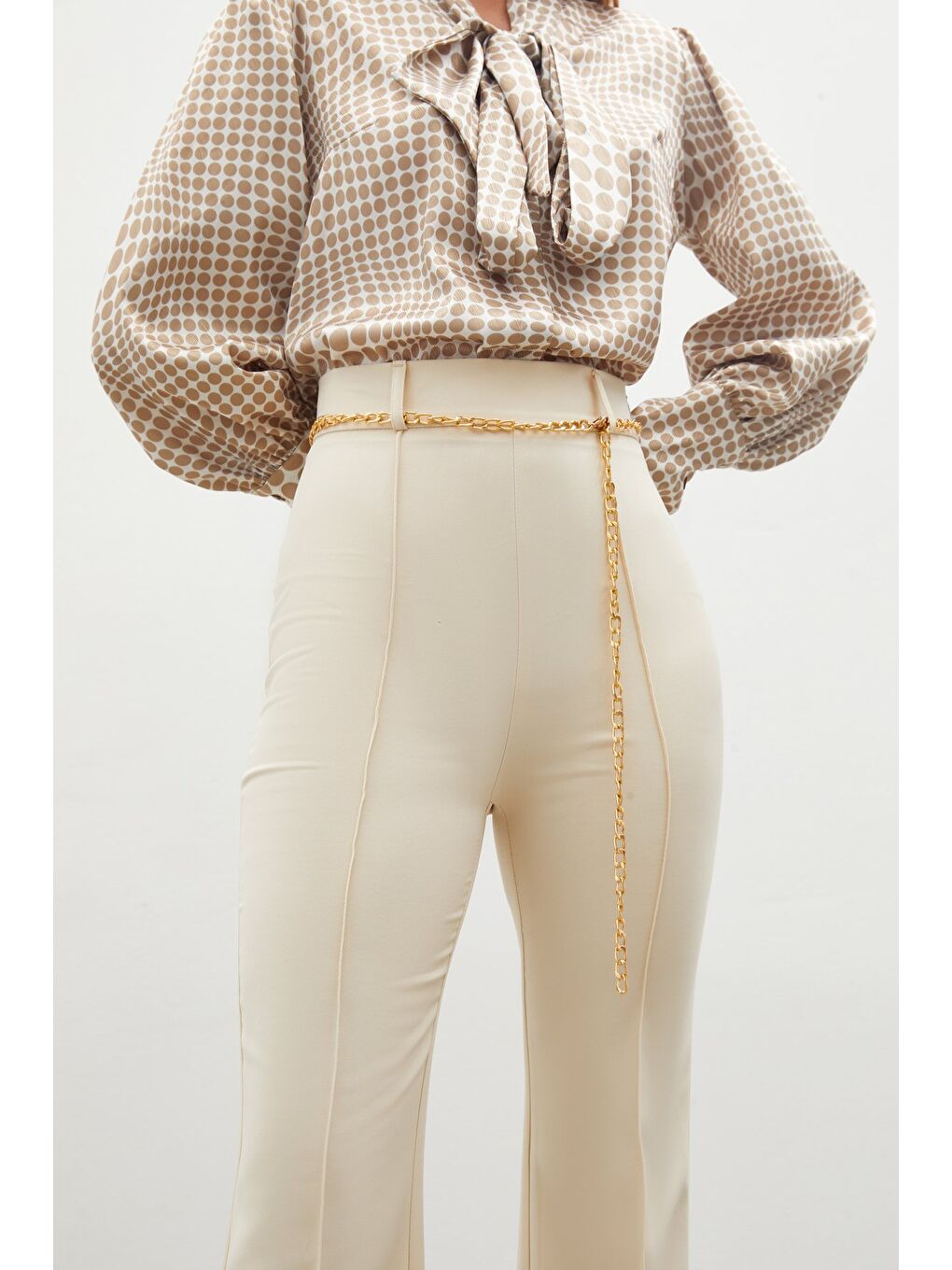 Zincir Kemerli Pantolon - Bej-3