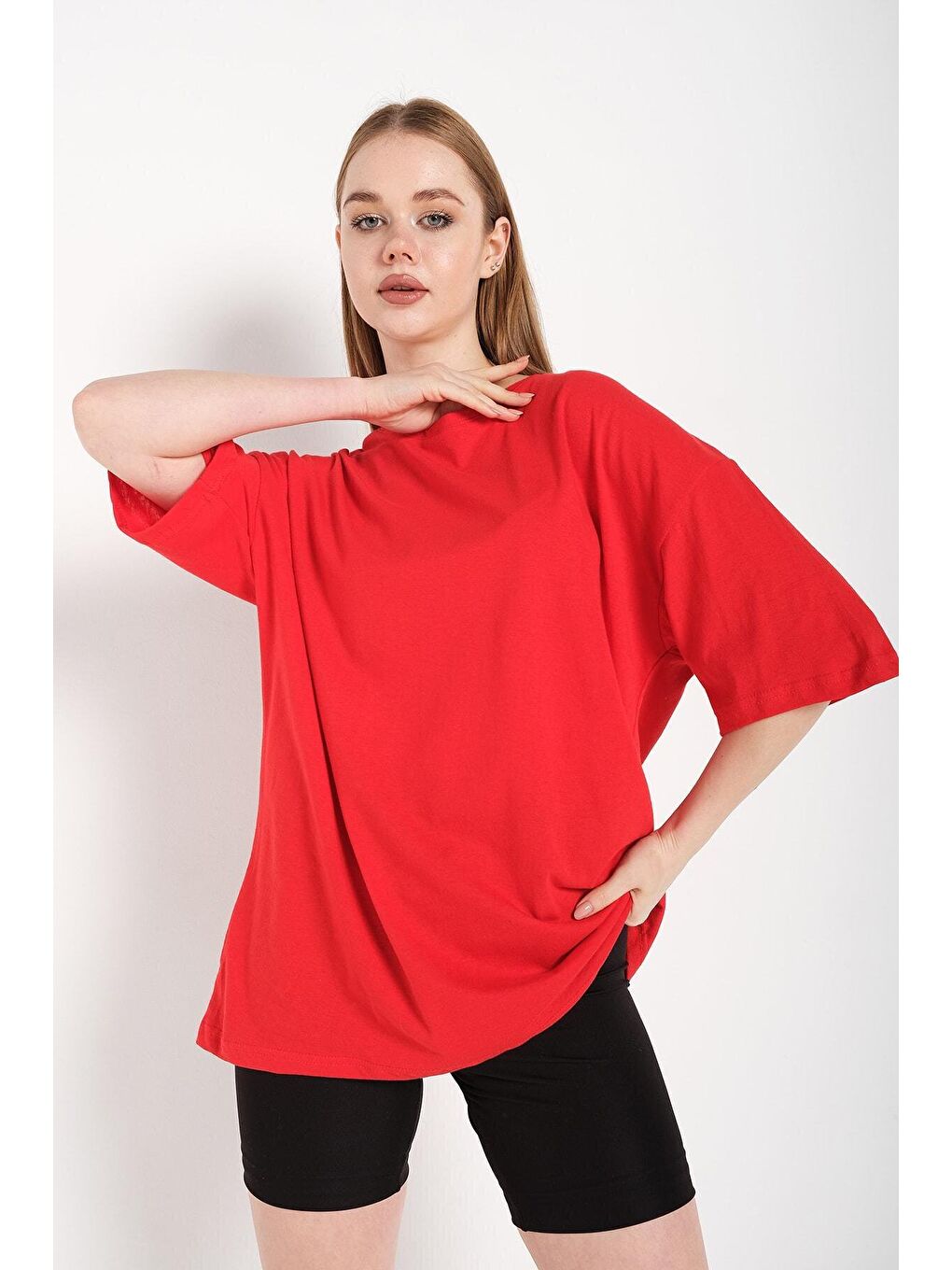 Kadın Kırmızı Oversize Tişört-2