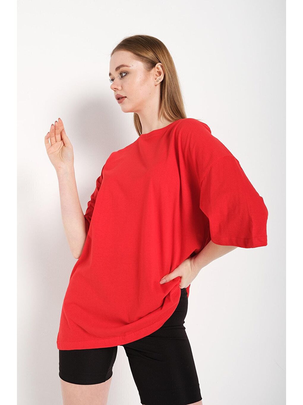 Kadın Kırmızı Oversize Tişört-3