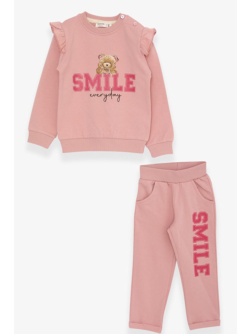 Pembe Kız Çocuk Eşofman Takımı Ayıcıklı Simli Yazı Baskılı Somon (1.5-4 Yaş)