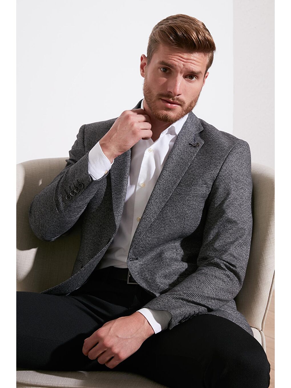 Siyah Ekose Desenli Slim Fit Tek Yırtmaçlı Blazer Ceket 2163781