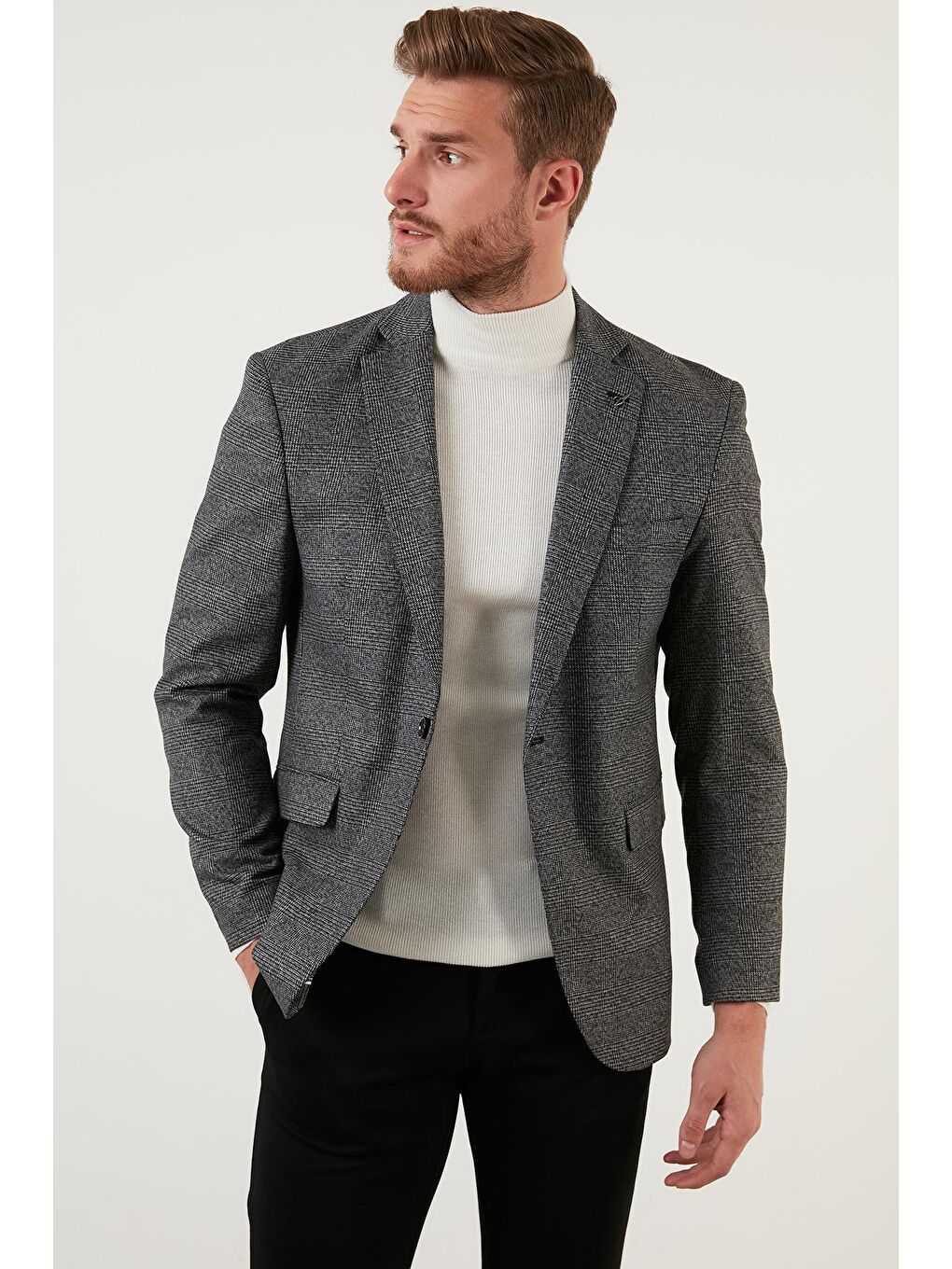 Siyah Ekose Desenli Slim Fit Tek Yırtmaçlı Blazer Ceket 2163781-1