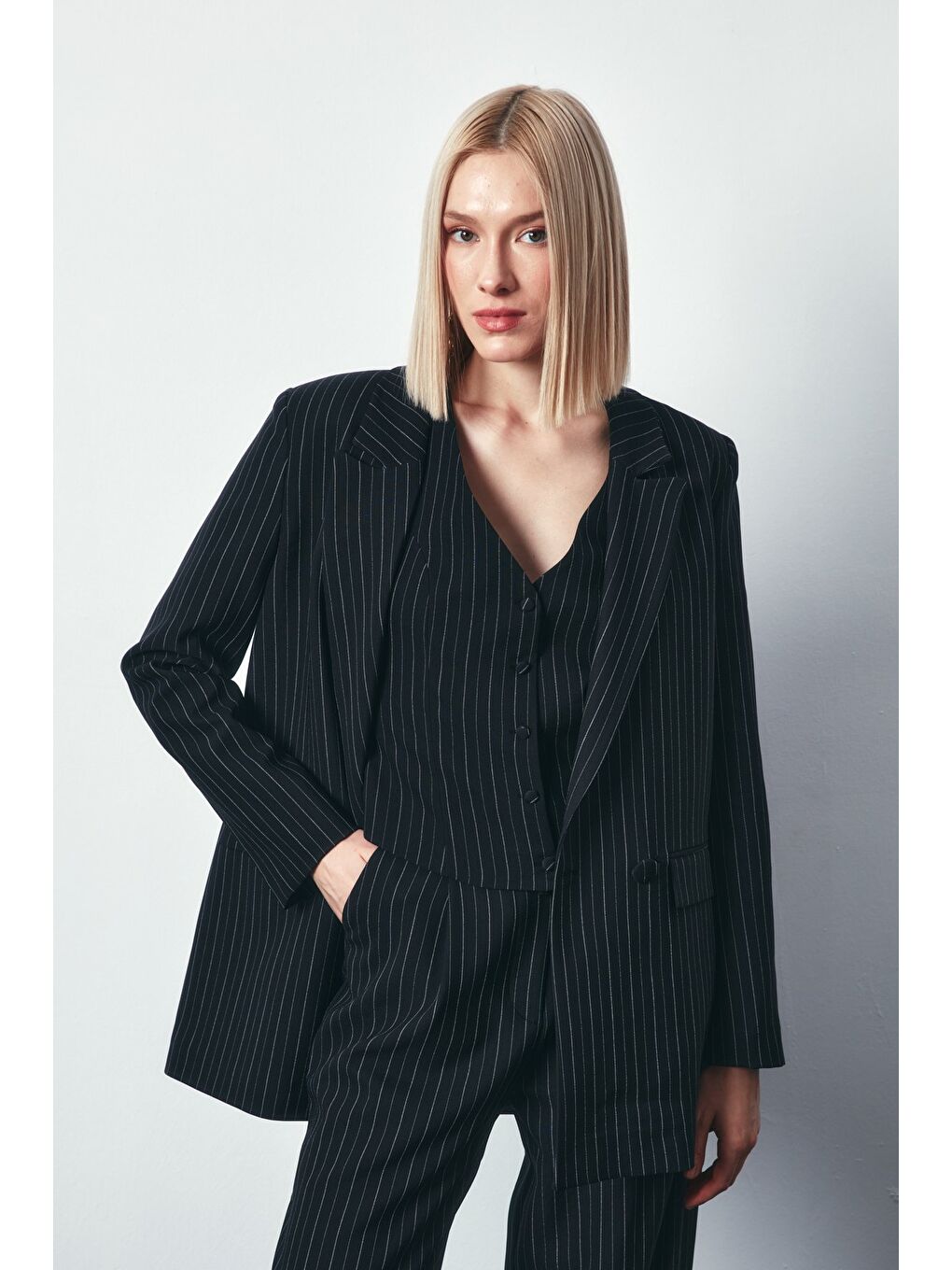 Çizgili Salaş Ceket - Siyah-2