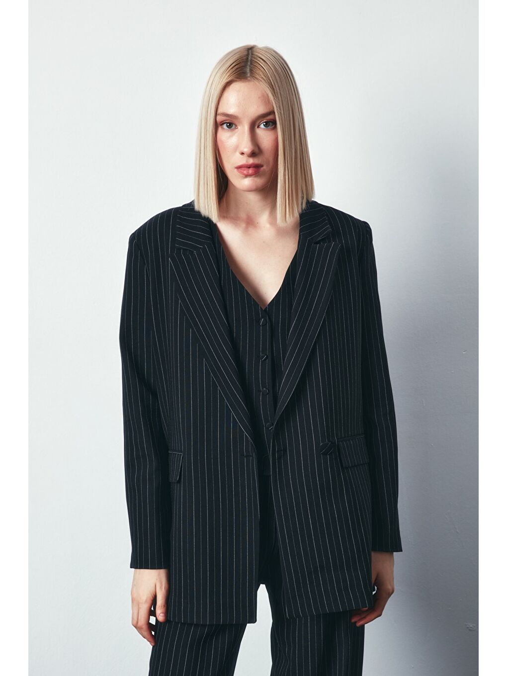 Çizgili Salaş Ceket - Siyah-3