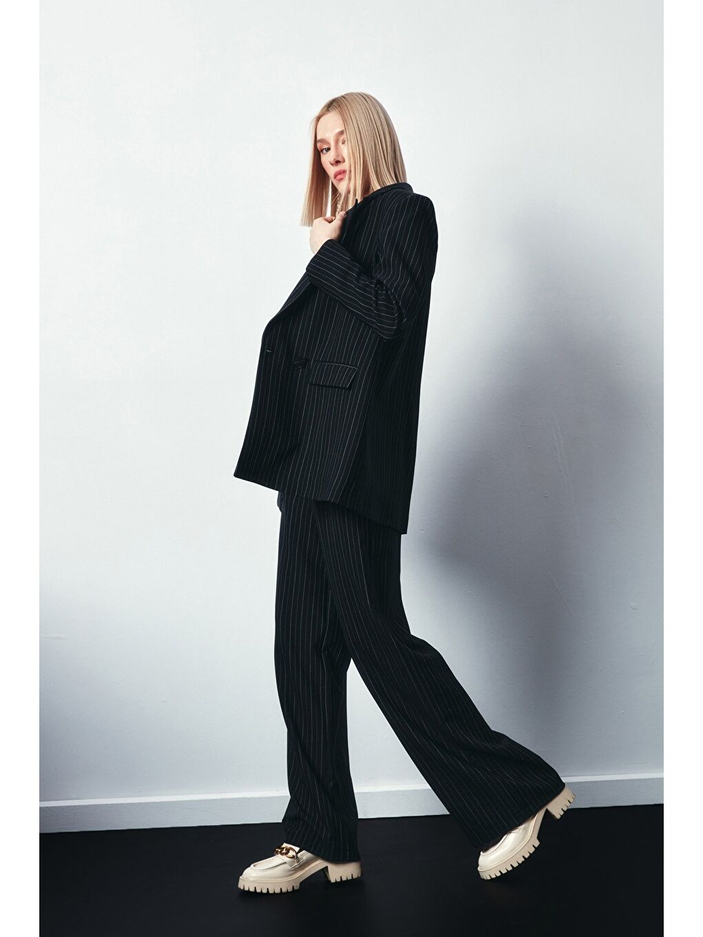 Çizgili Salaş Ceket - Siyah-4