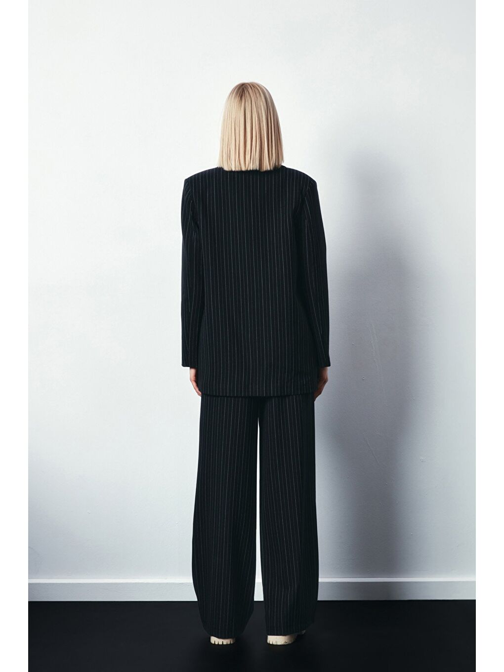 Çizgili Salaş Ceket - Siyah-5