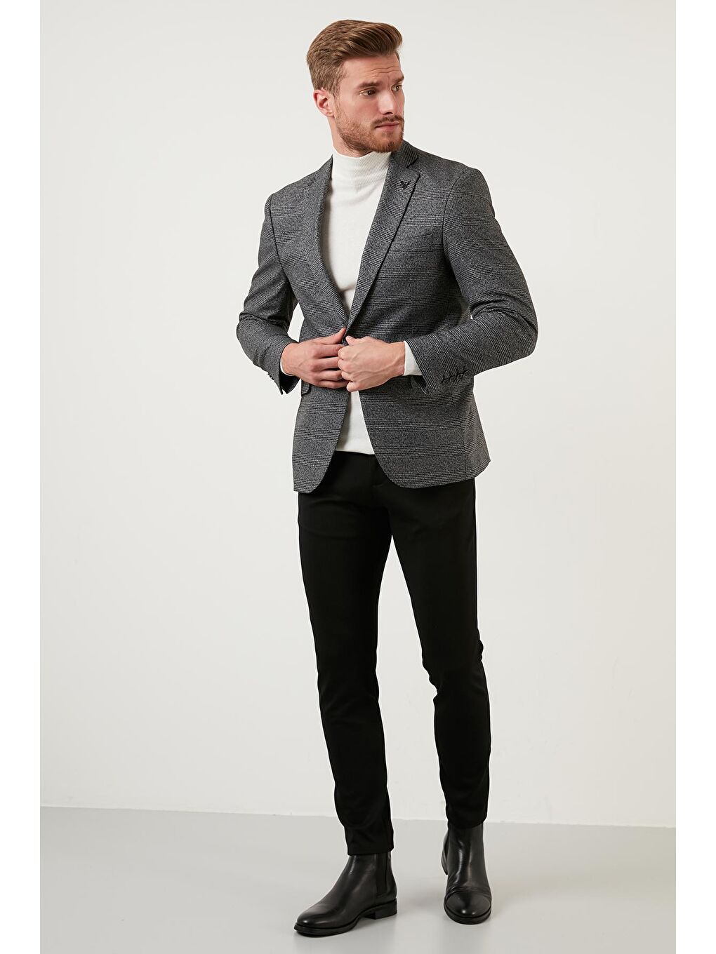 Siyah Ekose Desenli Slim Fit Tek Yırtmaçlı Blazer Ceket 2163781-3