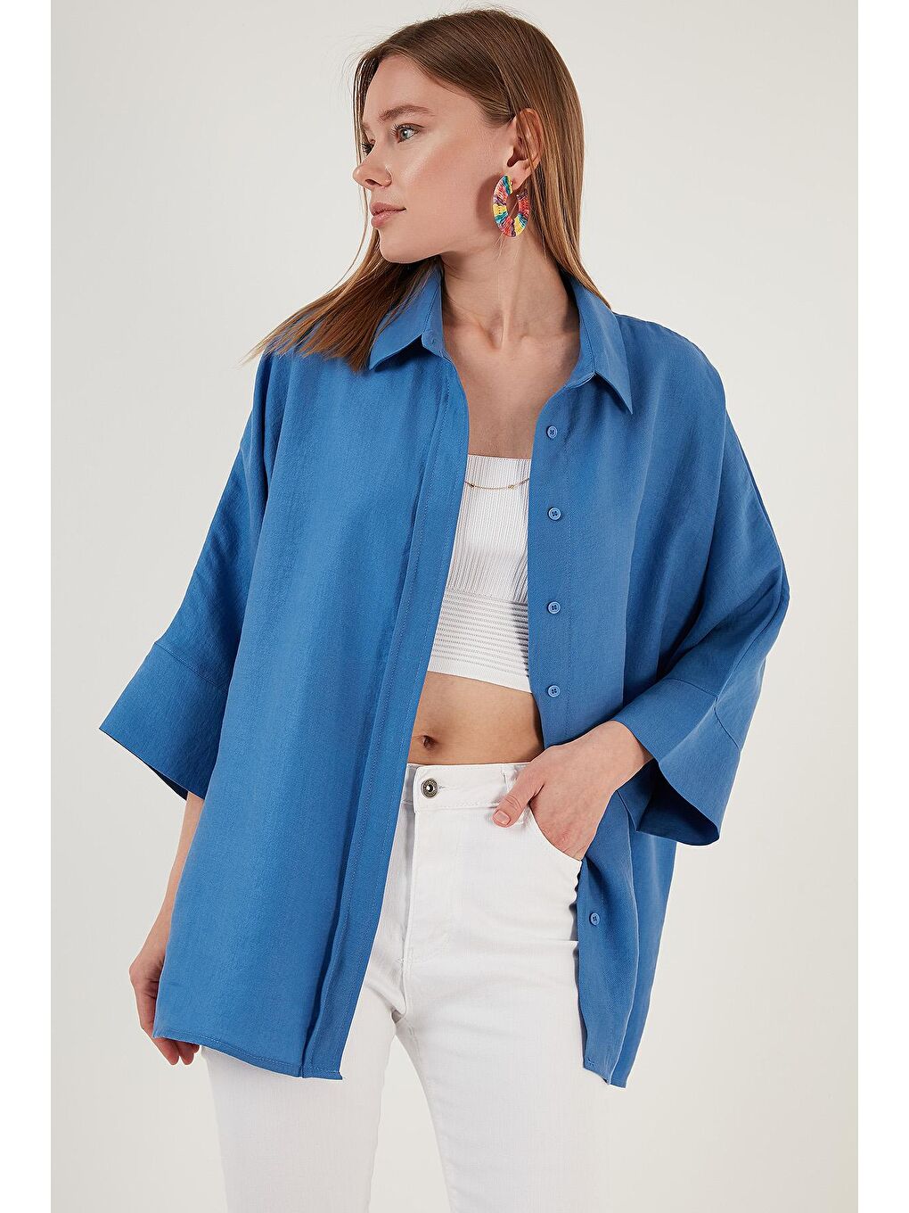 Mavi Truvakar Kol Oversize Kadın Gömlek 514344013-1
