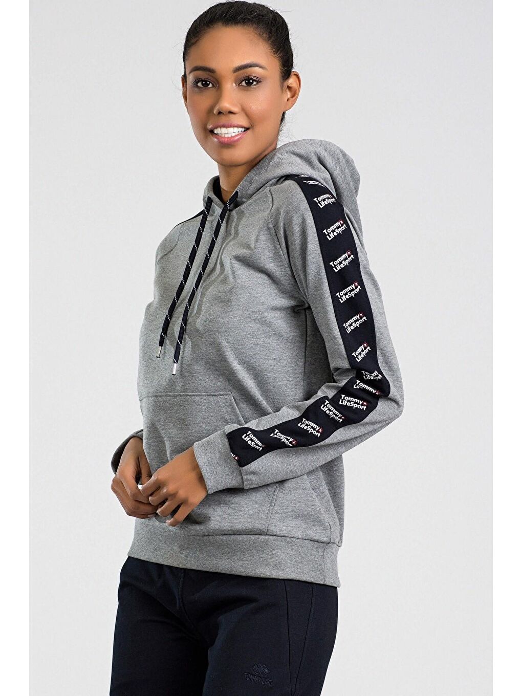 Gri Melanj - Lacivert Kadın Kapüşonlu Yazı Şeritli Standart Kalıp Manşetli Eşofman Takımı - 03485-3