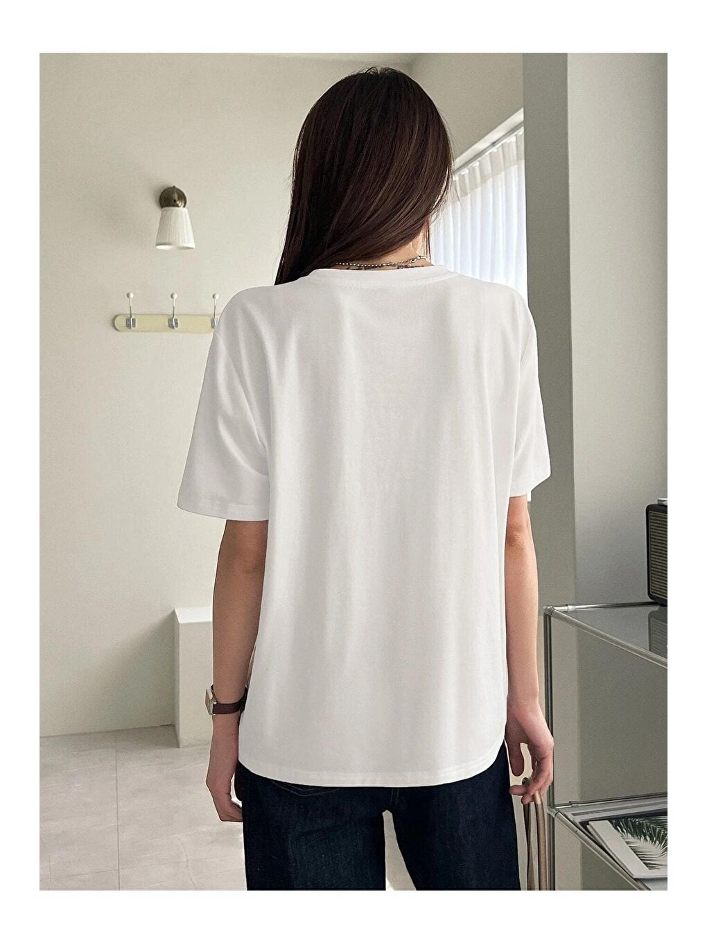 Kadın Beyaz Çift Heart Baskılı Oversize Tişört-1