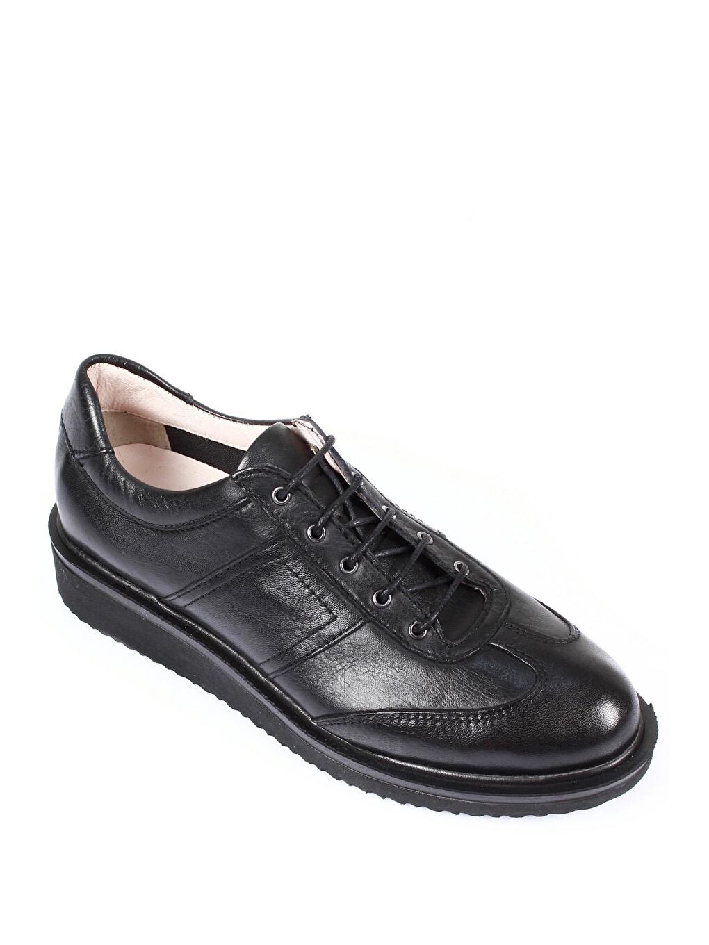 Siyah Hakiki Deri Yuvarlak Burun Dolgu Taban Bağcıklı Kadın Ayakkabı 24093-4