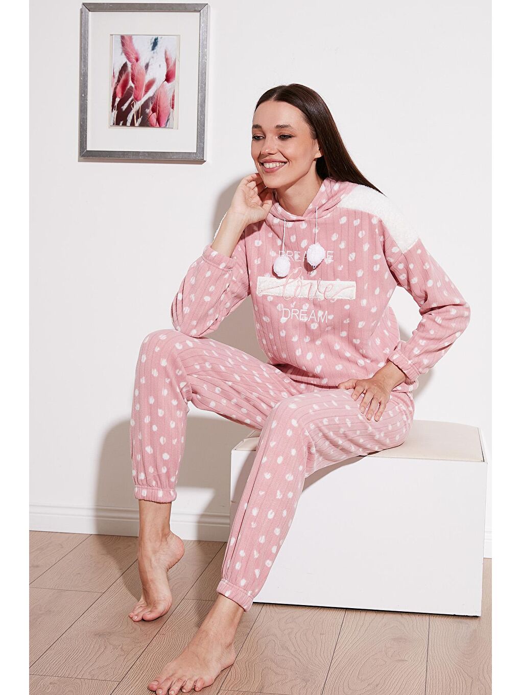 Lela Pudra Pembe Desenli Regular Fit Kapüşonlu Polar Pijama Takımı 6571001