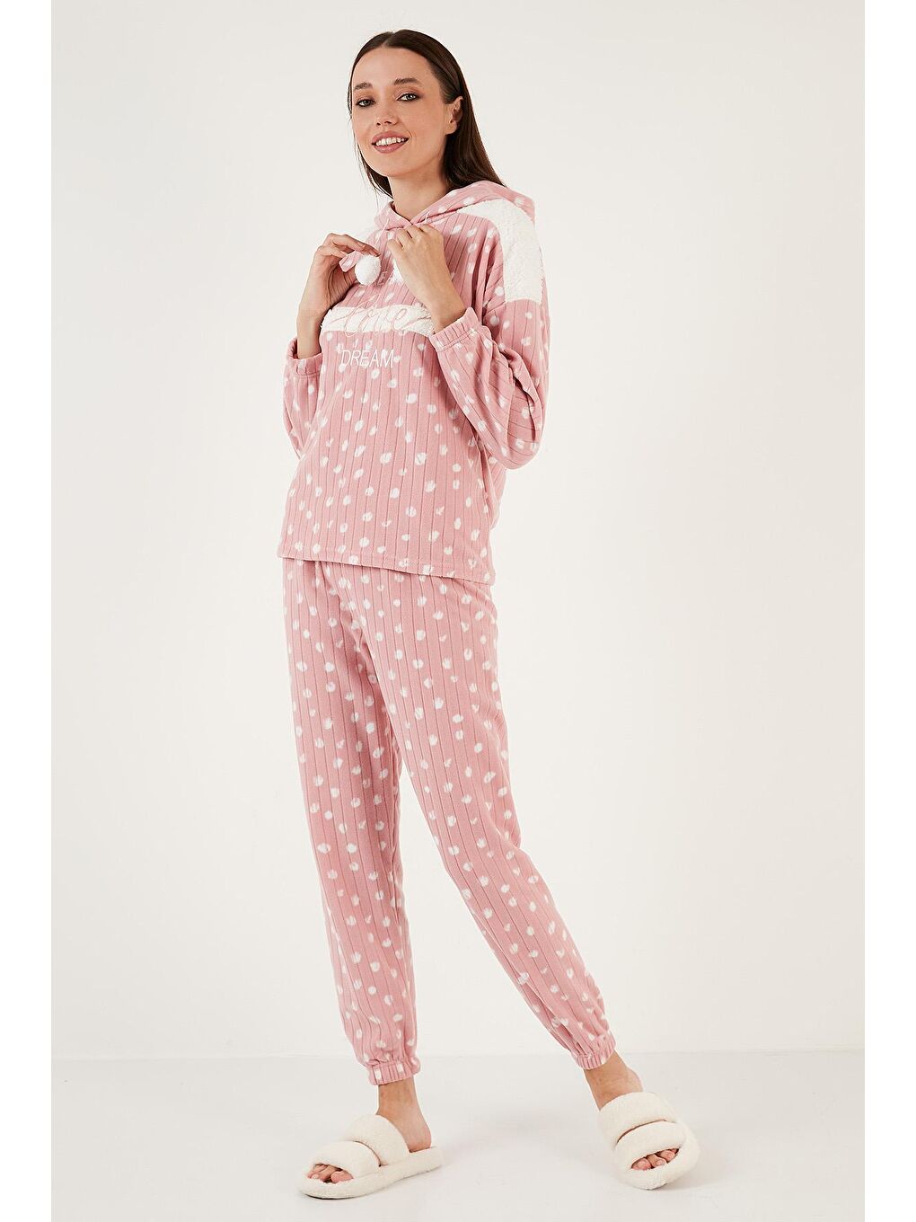 Lela Pudra Pembe Desenli Regular Fit Kapüşonlu Polar Pijama Takımı 6571001 - 1