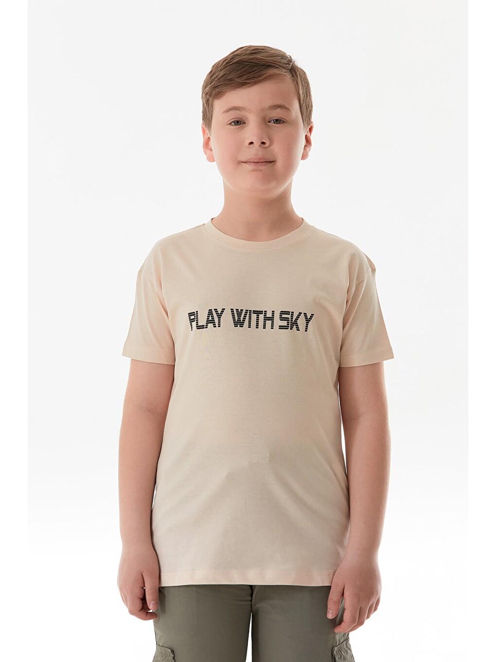 Bej %100 Pamuk Play With Sky Baskılı Erkek Çocuk Tişört