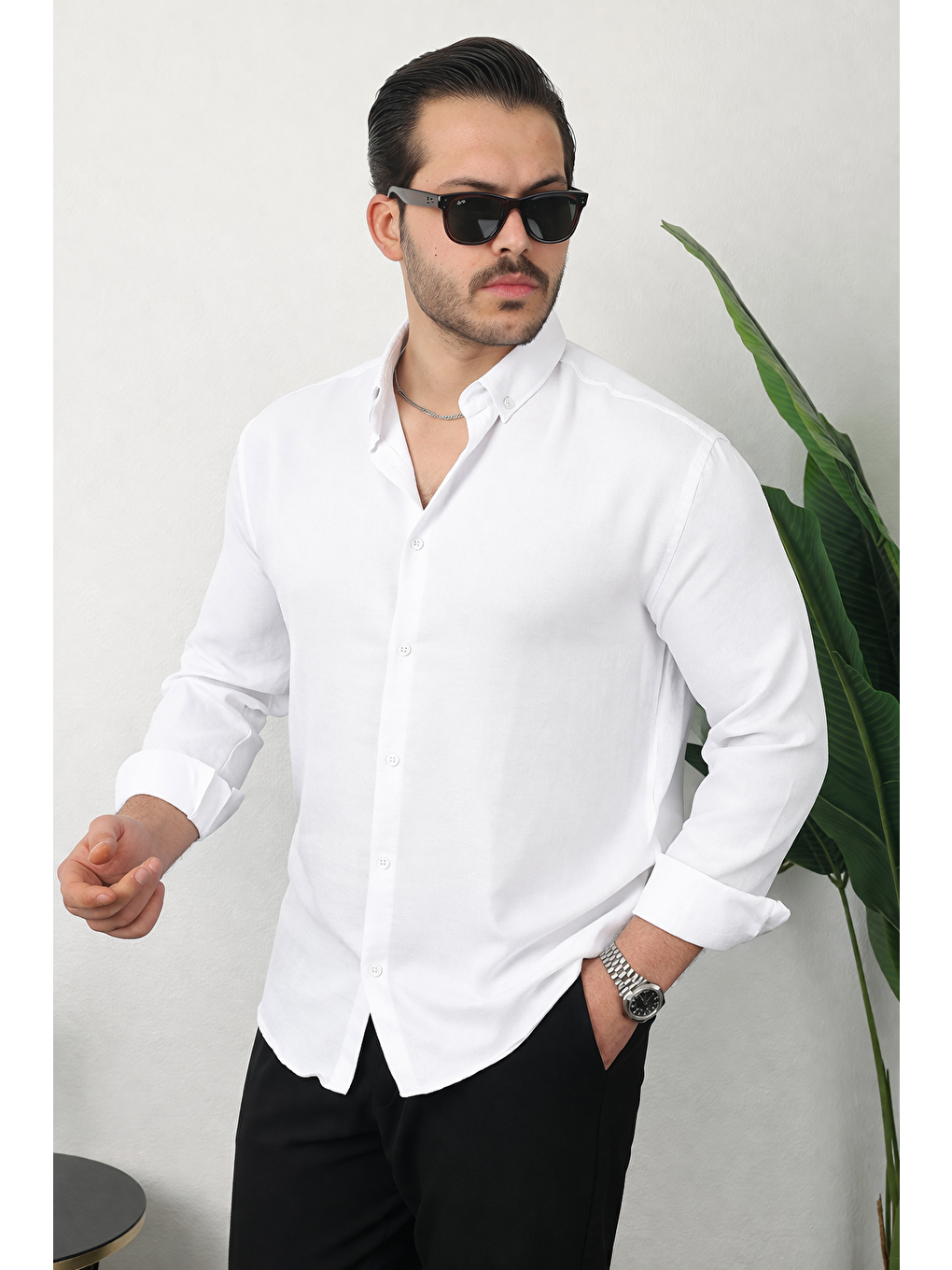 Erkek Trend Dokulu Uzun Kol Basic Beyaz Keten Gömlek-1