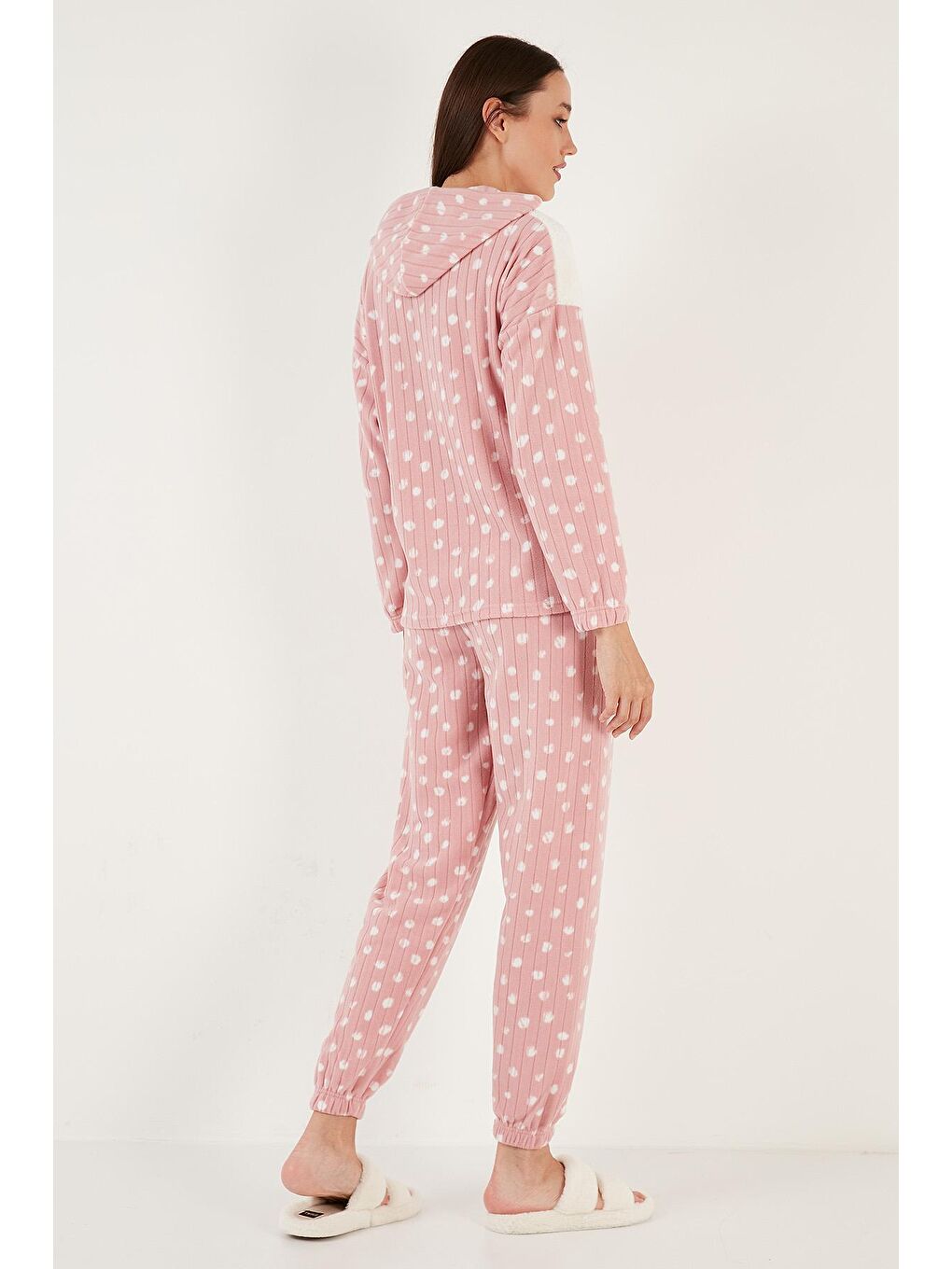 Lela Pudra Pembe Desenli Regular Fit Kapüşonlu Polar Pijama Takımı 6571001 - 4