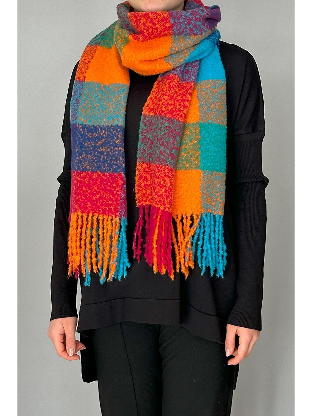 Püsküllü Buklet Atkı Şal 42X205 cm 1256 Pembe-1