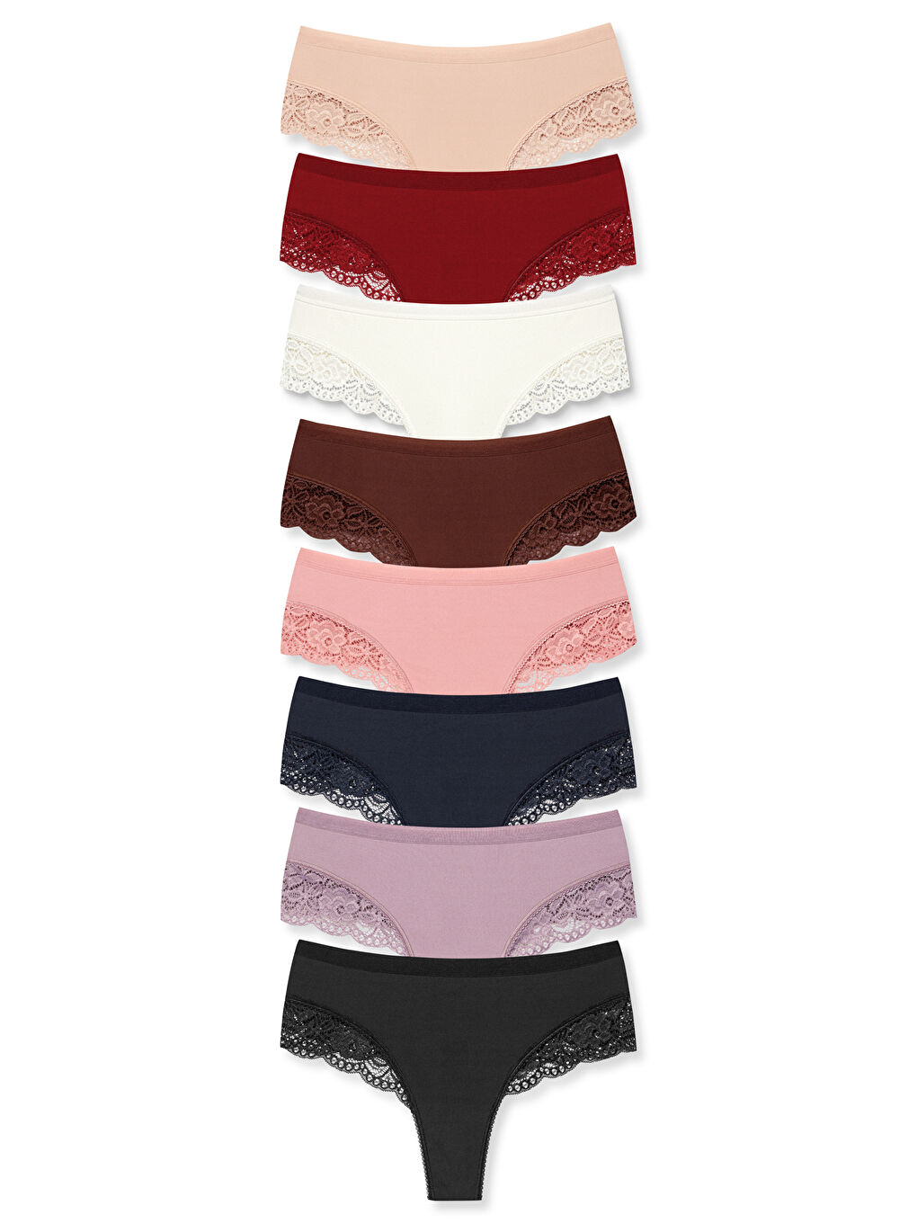 Karışık İnterlok Beli Lastikli Paçası Dantel Kadın Tanga Külot 8'li