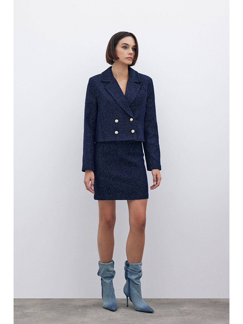 Simli Kısa Tüvit Ceket - Lacivert-1