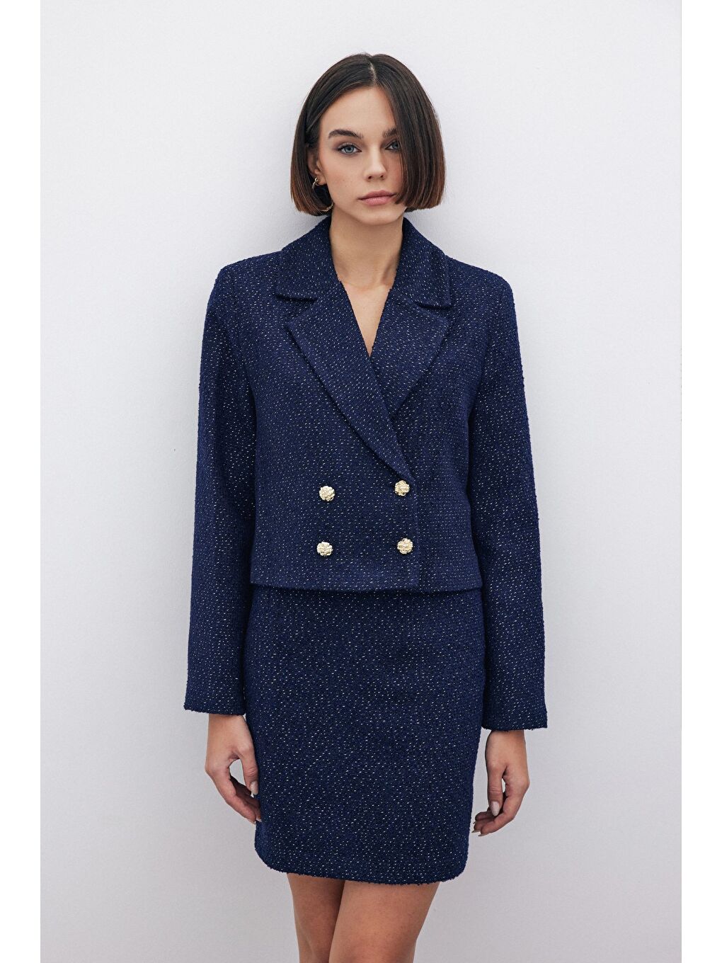 Simli Kısa Tüvit Ceket - Lacivert-4