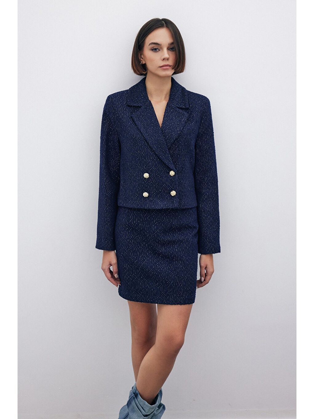 Simli Kısa Tüvit Ceket - Lacivert-5