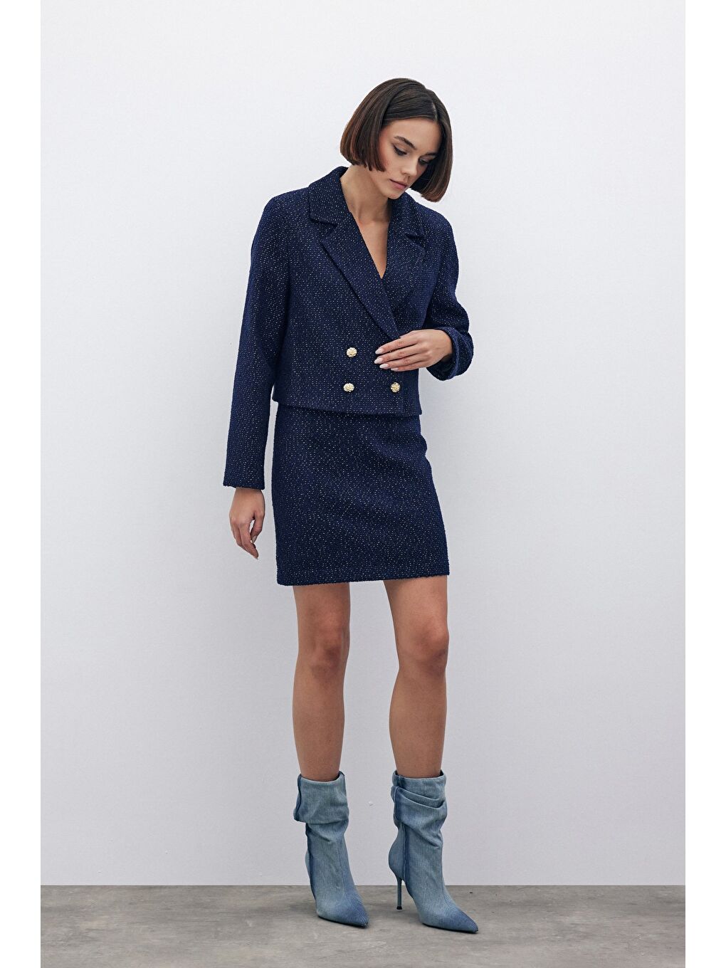 Simli Kısa Tüvit Ceket - Lacivert-6