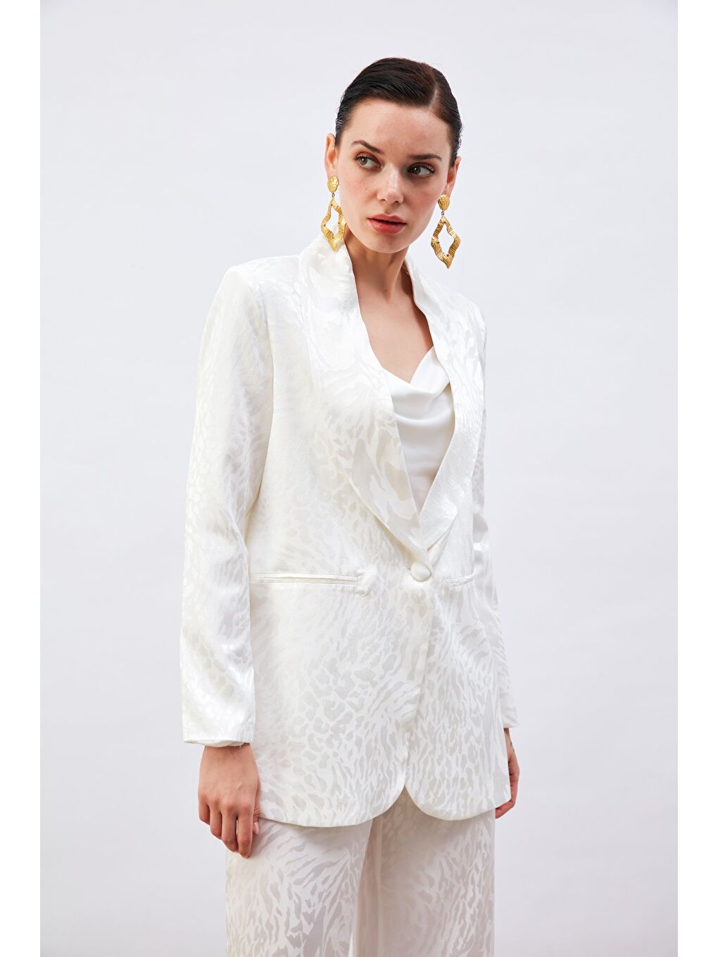 Desenli Saten Ceket - Ekru-2