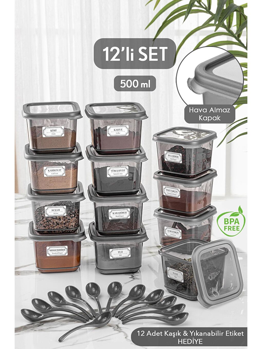 Meleni Home Antrasit 12'li Set Sızdırmaz Kapaklı Etiketli Kare Erzak Saklama Kabı Antrasit 12 x 0.50 Lt Kaşıklı