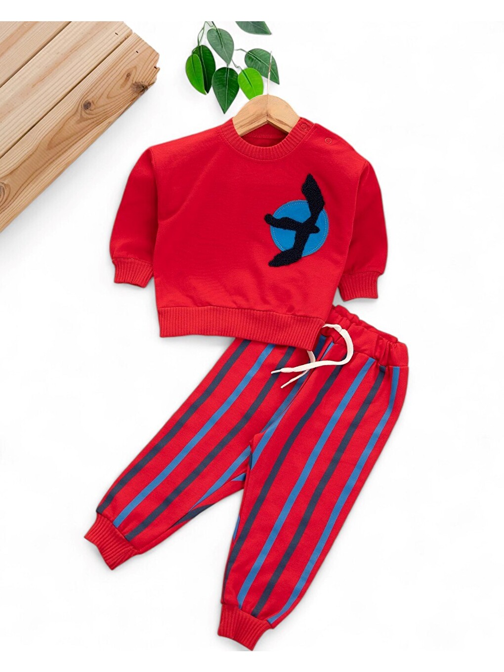 Kırmızı Erkek Bebek Mevsimlik Martı Nakışlı Sweatshirt, Çizgili Pantalonlu 2'li Alt Üst Takım-1