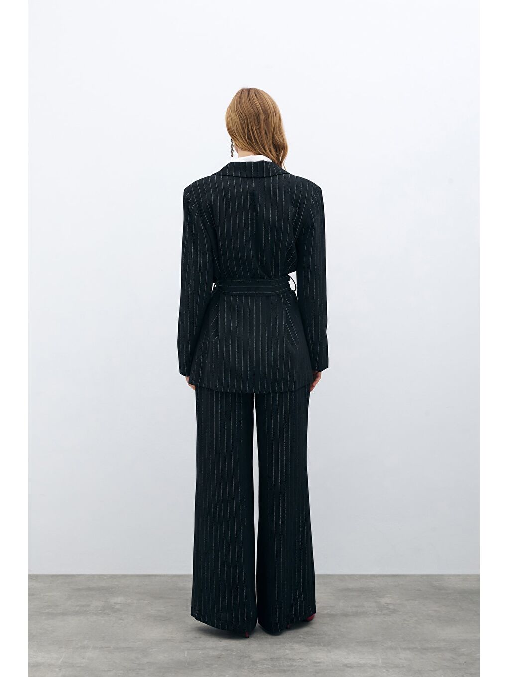 Simli Çizgili Kuşaklı Ceket - Siyah Çizgili-7