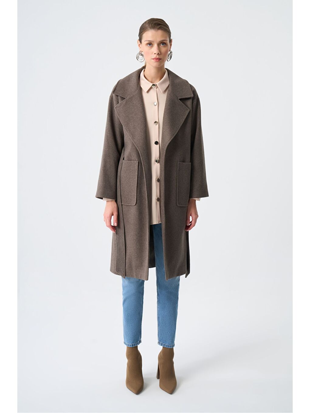 Kahverengi Basic Kaşe Dokulu Kahve Kaban-3