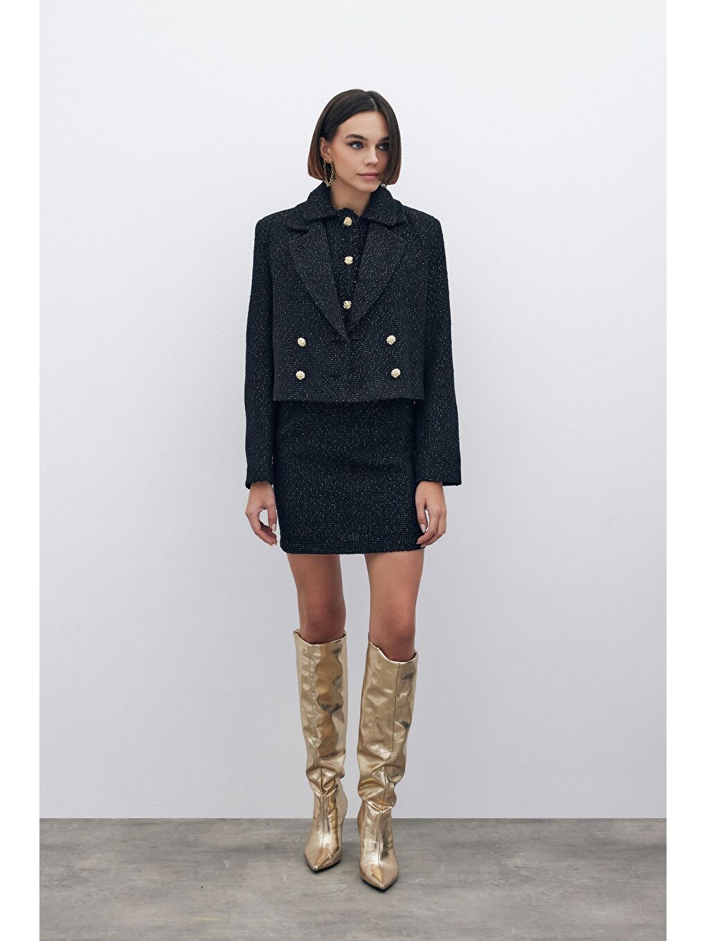 Simli Kısa Tüvit Ceket - Siyah-1