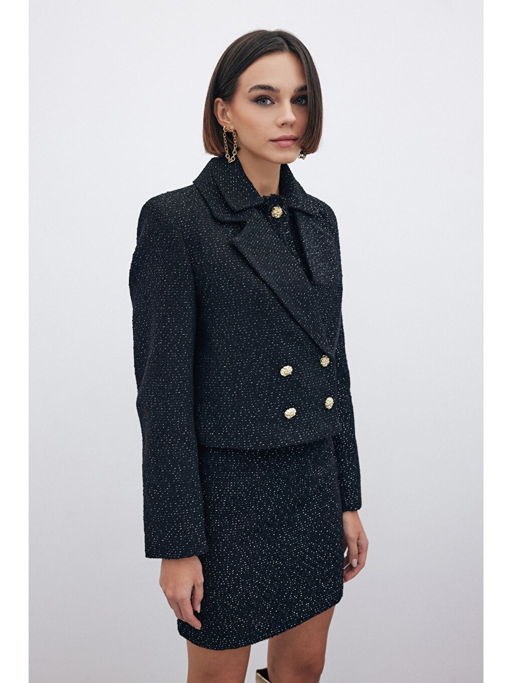 Simli Kısa Tüvit Ceket - Siyah-2