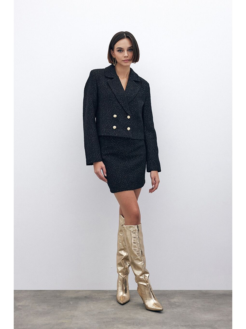 Simli Kısa Tüvit Ceket - Siyah-3