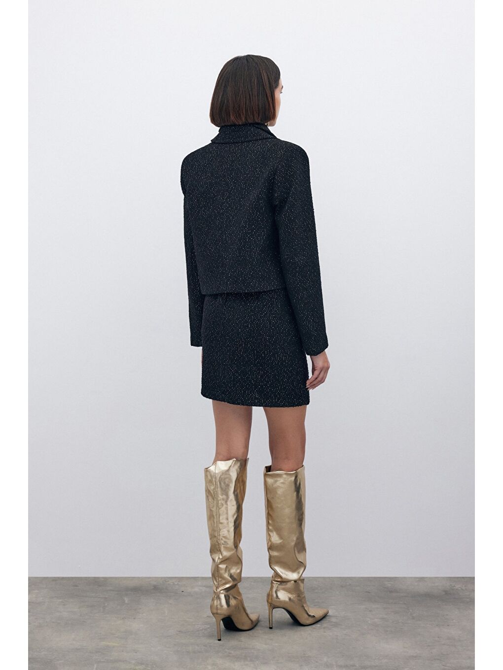 Simli Kısa Tüvit Ceket - Siyah-4