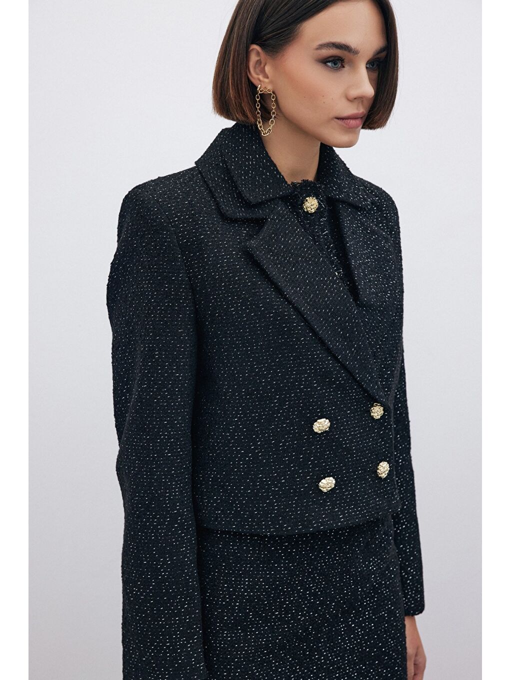 Simli Kısa Tüvit Ceket - Siyah-5
