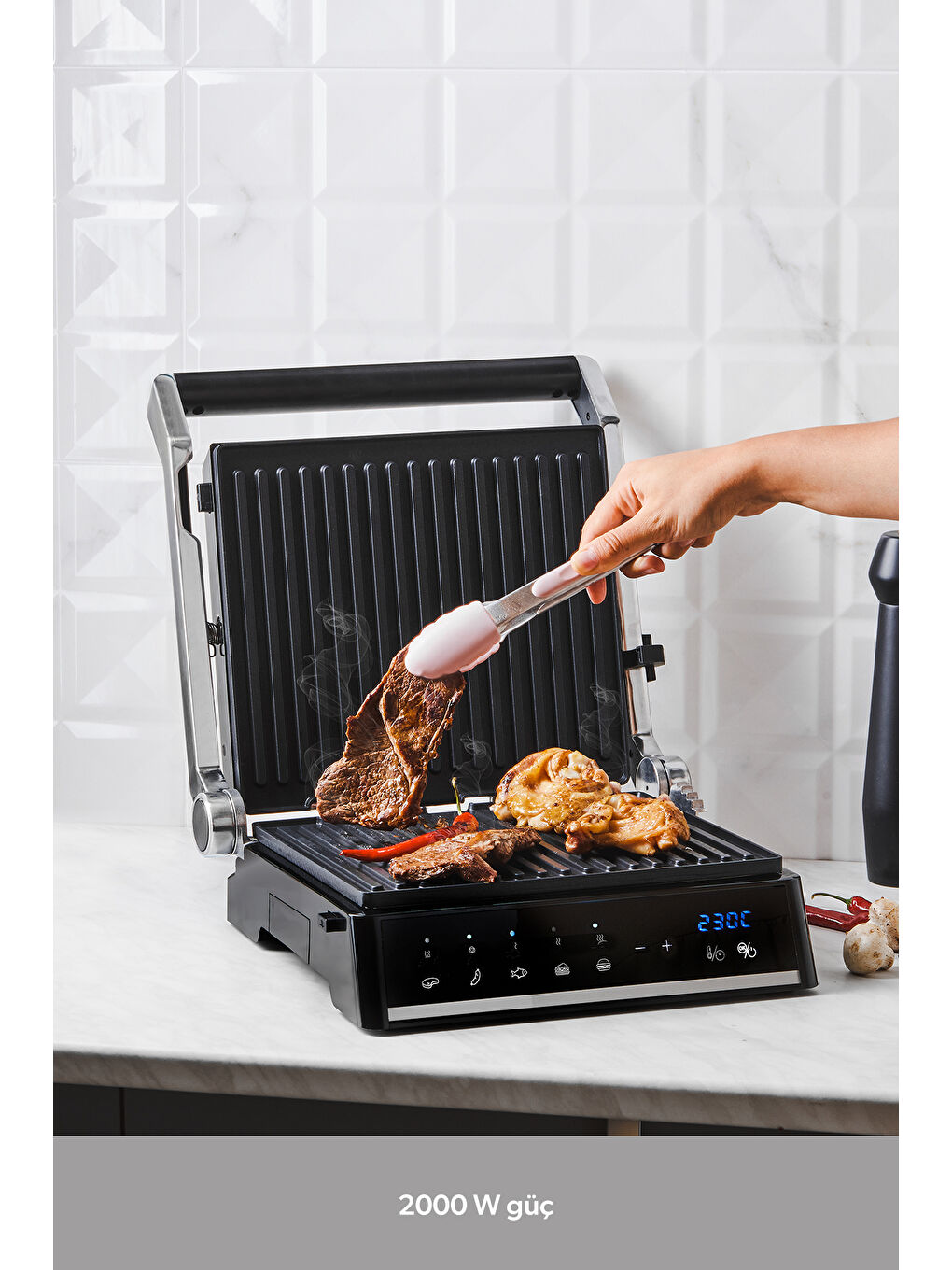 Grilliant 1341H Inox Gövdeli, Döküm Plakalı, 5 Programlı, Led Ekranlı Tost ve Izgara Makinesi-2