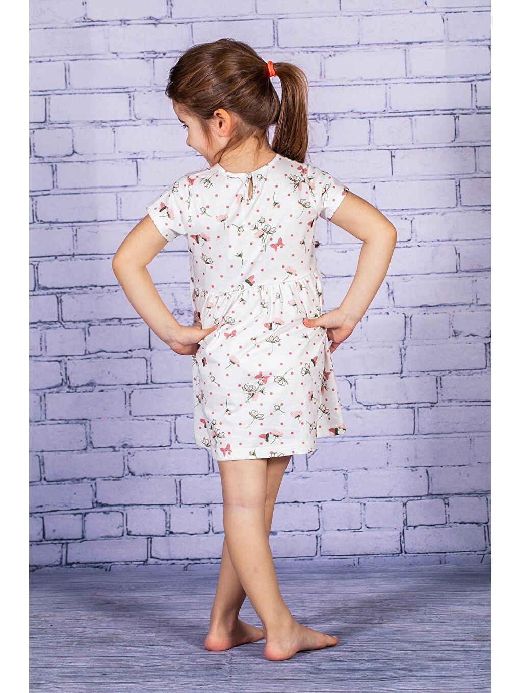 Pembe Kız Çocuk Kısa Kollu Desenli Elbise-1