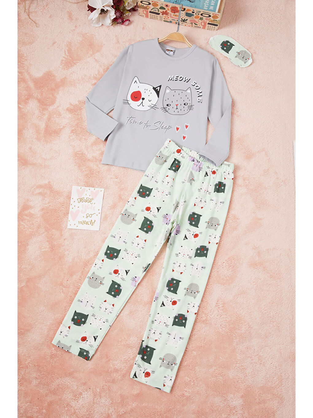 Pijakids Gri Meow Kedi Baskı Kız Çocuk Pijama Takımı 16333