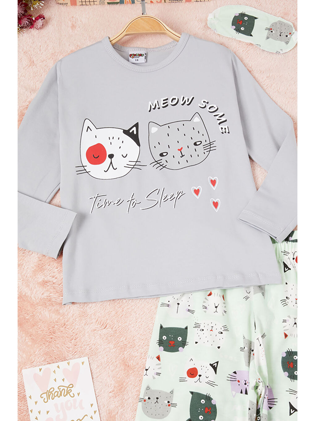 Pijakids Gri Meow Kedi Baskı Kız Çocuk Pijama Takımı 16333 - 1