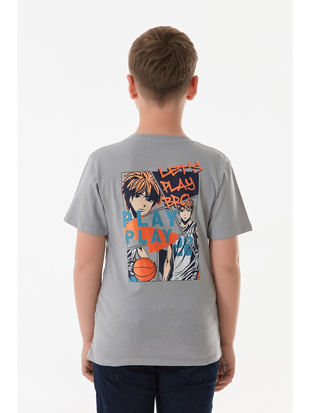 Gri Arkası Anime Baskılı Erkek Çocuk Tişört-3