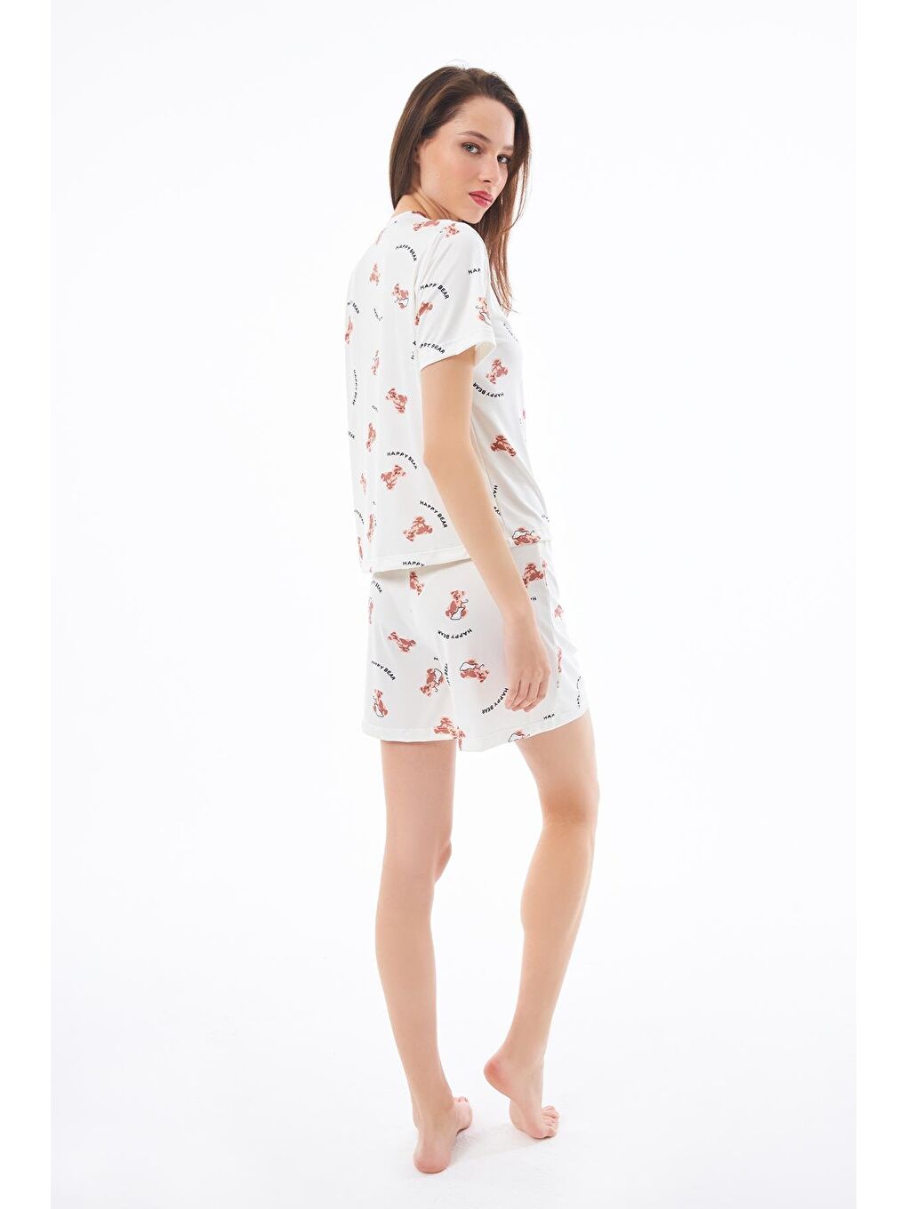 Ekru Premium Yazlık Şortlu Kadın Pijama Takımı Ayıcık Desenli Yumuşak Dokulu Bisiklet Yaka Kısa Kollu-2