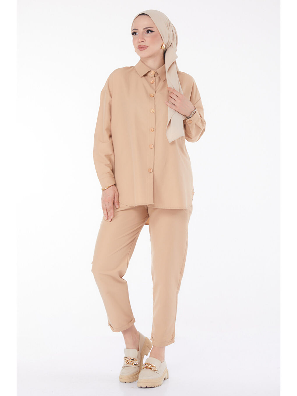 Bej Gömlek Yaka Kadın Vizon Tunık Pantolon - 10563-2