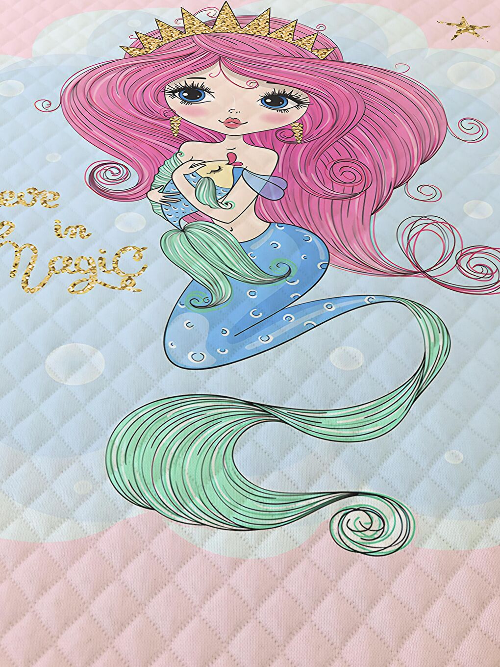 Karışık Deniz Kızı Desenli Soft Baskılı Tek Kişilik 160x220 Cm Pike- Pembe-1