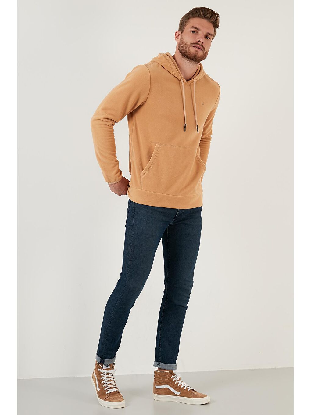 Kahverengi Slim Fit Kanguru Cepli Kapüşonlu Polar 5906032-3